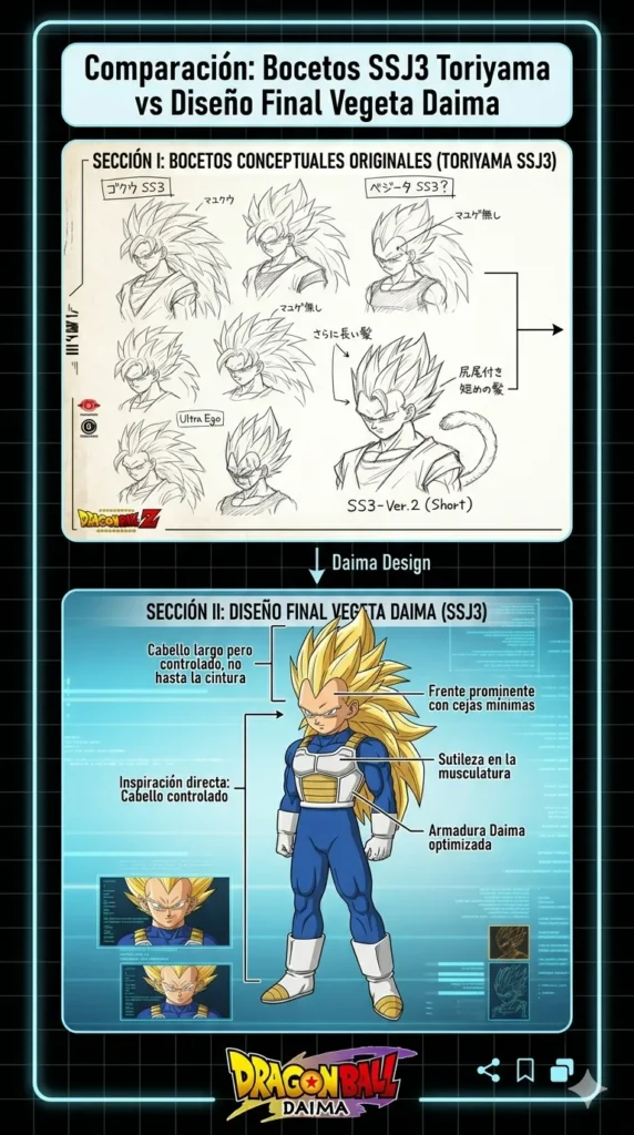 Comparación: boceto original de Akira Toriyama para Super Saiyan 3 (izquierda) junto al diseño final de Vegeta SSJ3 en Dragon Ball Daima (derecha)