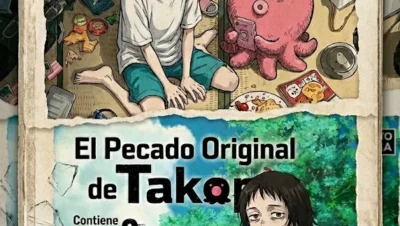 Portadas de los dos volúmenes de Takopi's Original Sin (El Pecado Original de Takopi) publicados por Distrito Manga en España. Muestran a Takopi el pulpo alienígena junto a Shizuka y otros personajes en un estilo de arte colorido pero inquietante.
