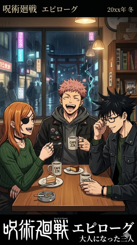 Yuji Itadori, Nobara Kugisaki y Megumi Fushiguro adultos en una cafetería en el epílogo de Jujutsu Kaisen