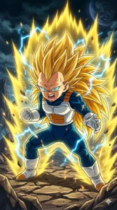 recrea una imagen al estilo dragon ball de (Vegeta niño transformándose en Super Saiyan 3 en Dragon Ball Daima con el cabello dorado erguido y expresión desafiante) formato celular