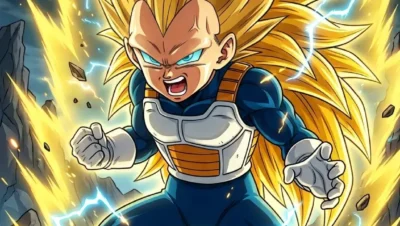recrea una imagen al estilo dragon ball de (Vegeta niño transformándose en Super Saiyan 3 en Dragon Ball Daima con el cabello dorado erguido y expresión desafiante) formato celular