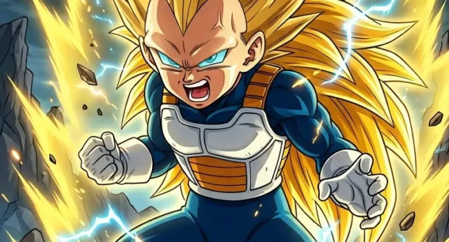 recrea una imagen al estilo dragon ball de (Vegeta niño transformándose en Super Saiyan 3 en Dragon Ball Daima con el cabello dorado erguido y expresión desafiante) formato celular