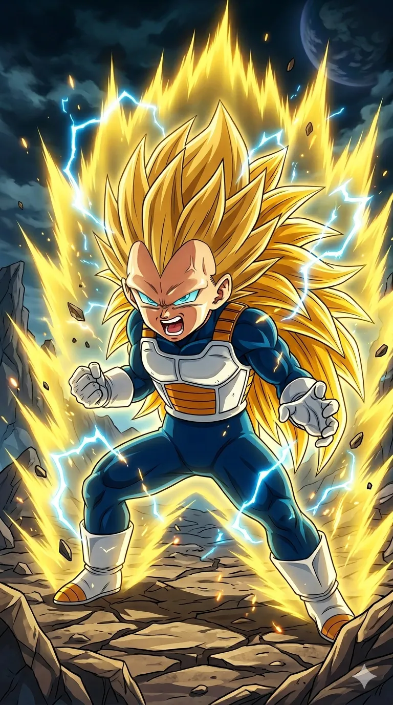 recrea una imagen al estilo dragon ball de (Vegeta niño transformándose en Super Saiyan 3 en Dragon Ball Daima con el cabello dorado erguido y expresión desafiante) formato celular