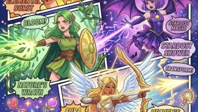 Collage de ilustraciones de varias chicas mágicas en acción