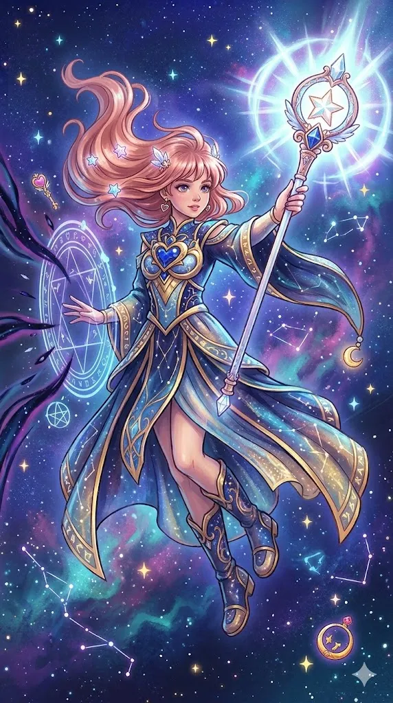 Ilustración conceptual de una chica mágica con una varita brillante en un entorno de fantasía